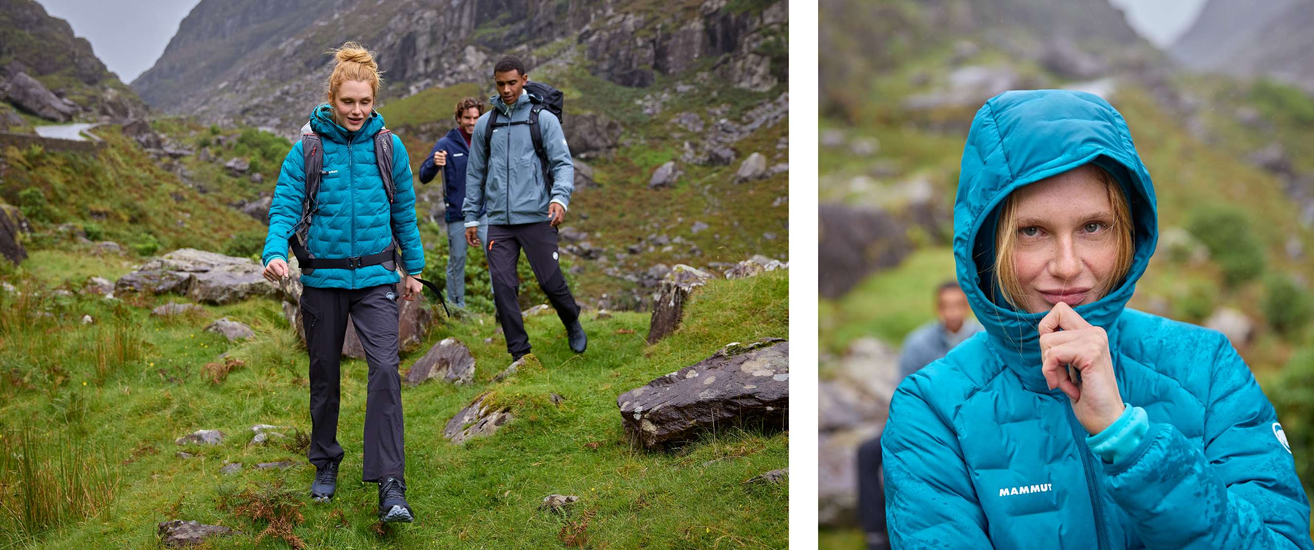 Twee beelden: vrouw leidt een groep wandelaars over een nat bergpad; close-up van vrouw met capuchon in regenjas.