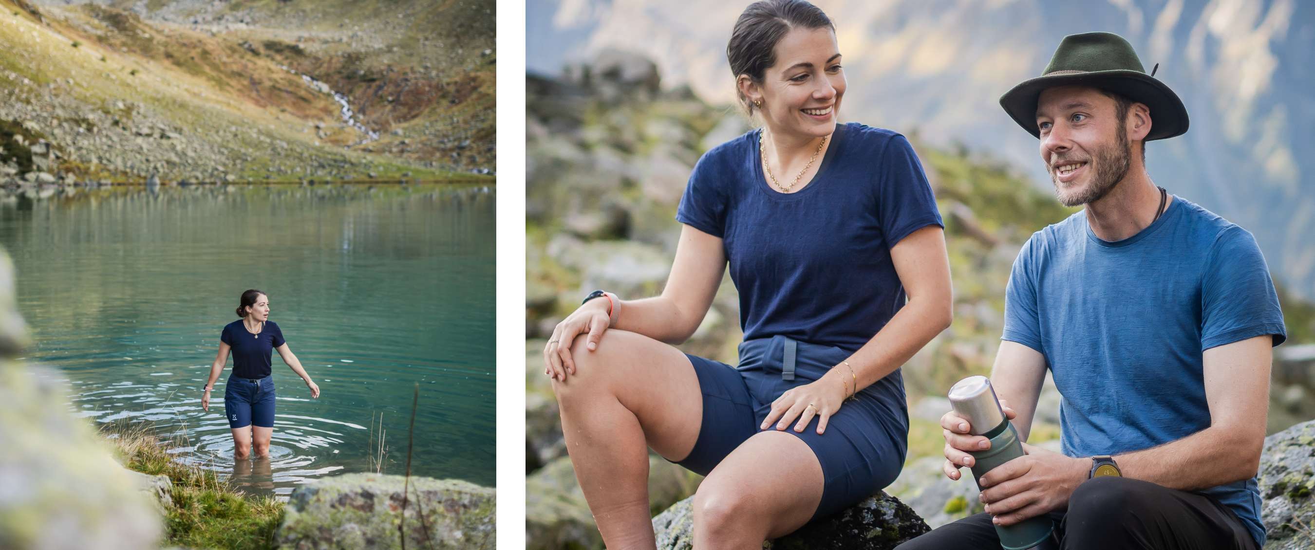 een wandelaar staat in ondiep bergwater; twee wandelaars zitten op rotsen tijdens een pauze.